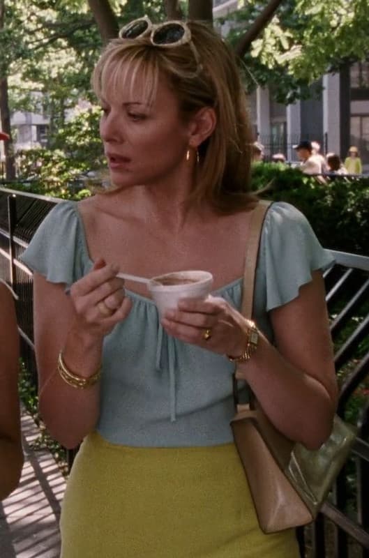 Samantha Jones Baby Blue Ruffle Top & Yellow Skirt Look
