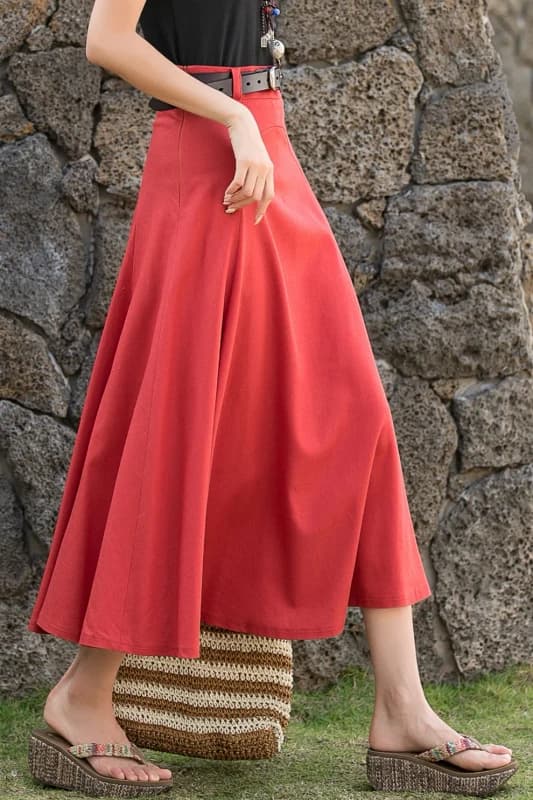 Red Linen A-Line Midi Skirt